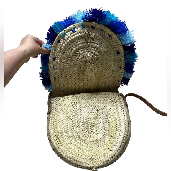 French Baskets Straw Purse Pom Pom Blue Latch Crossbody Beach Handmade New Tag - Picture 4 of 11